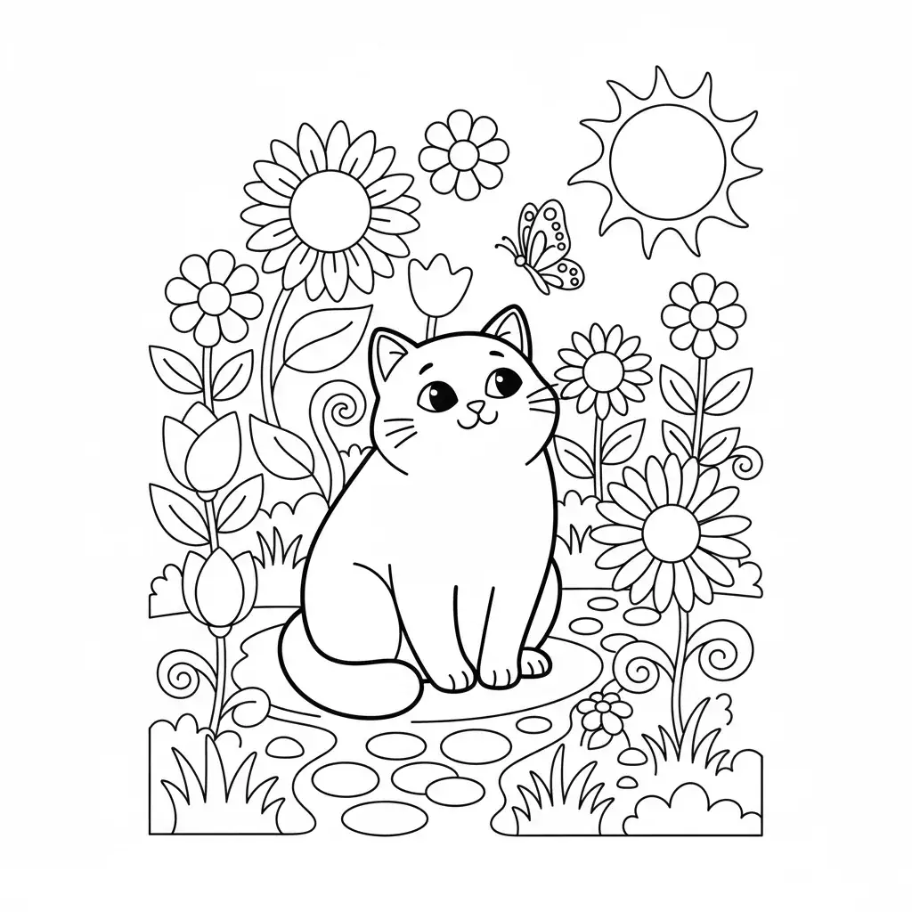 Cat in Flower Garden