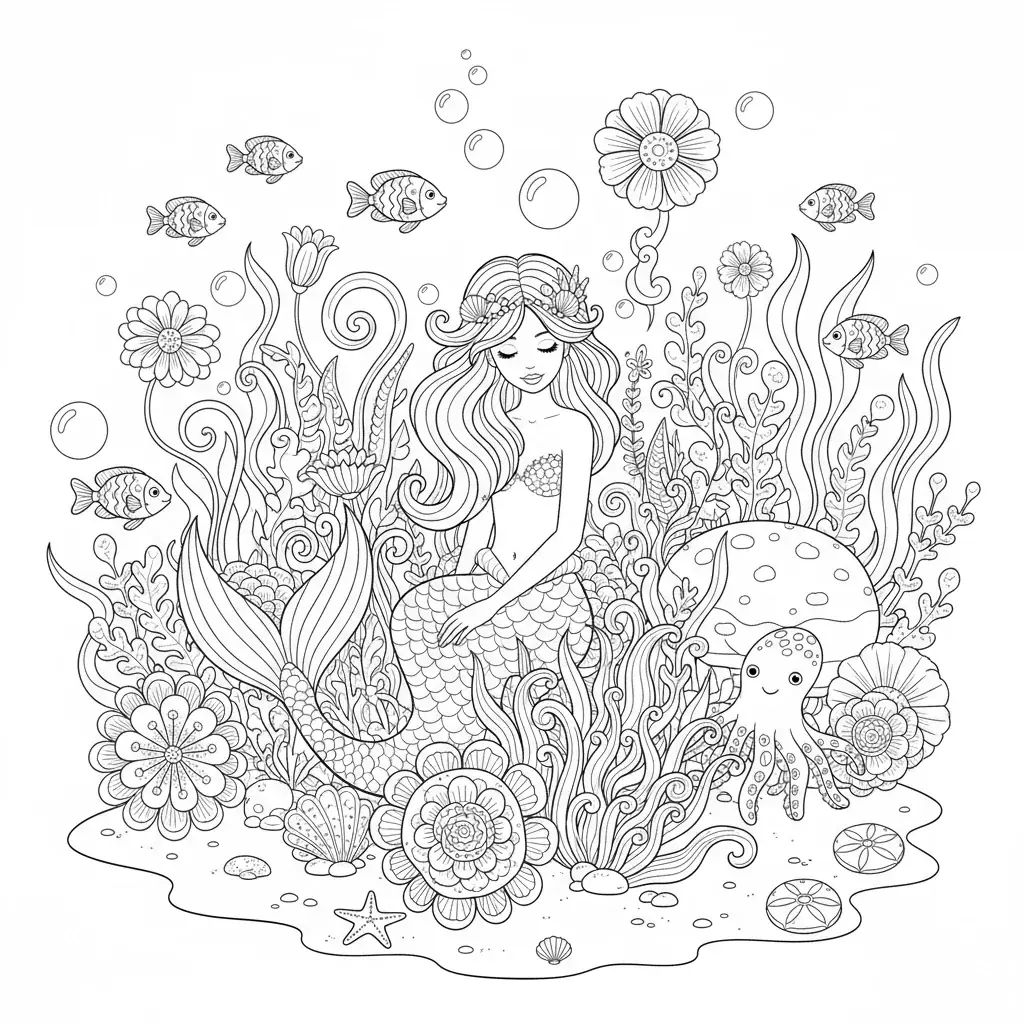 Mermaid Among Sea Flowers