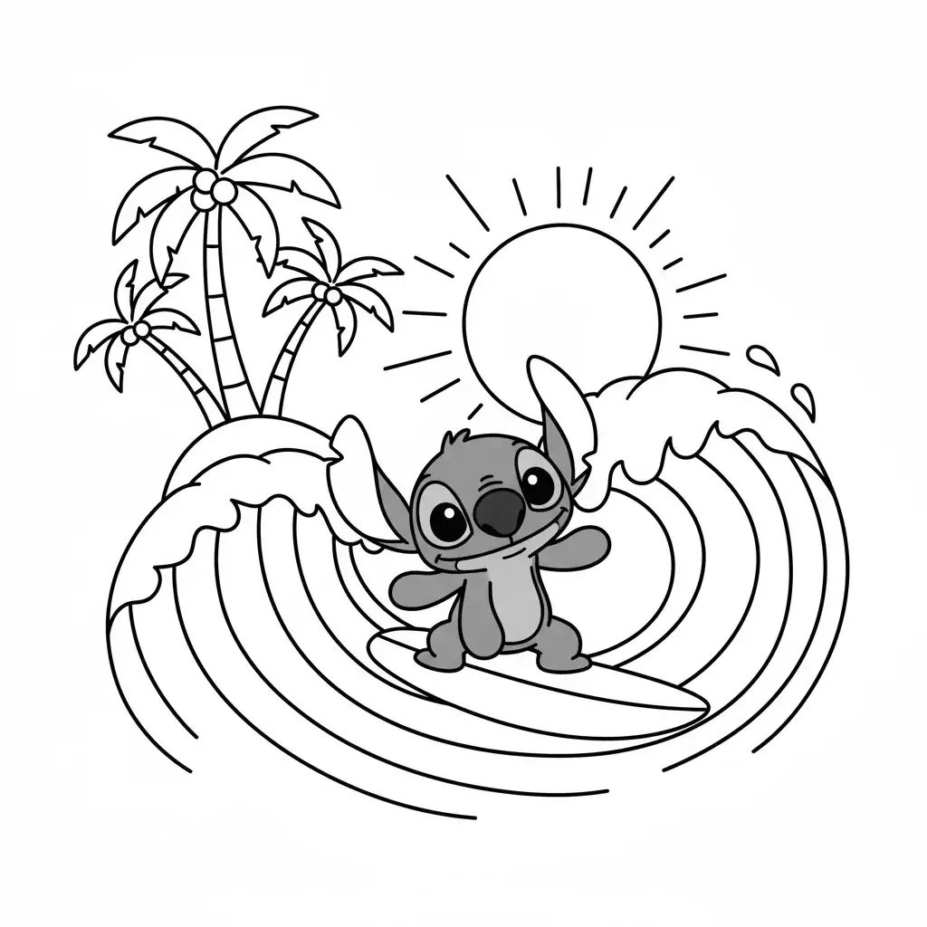 Stitch Surfing Hawaiian Waves