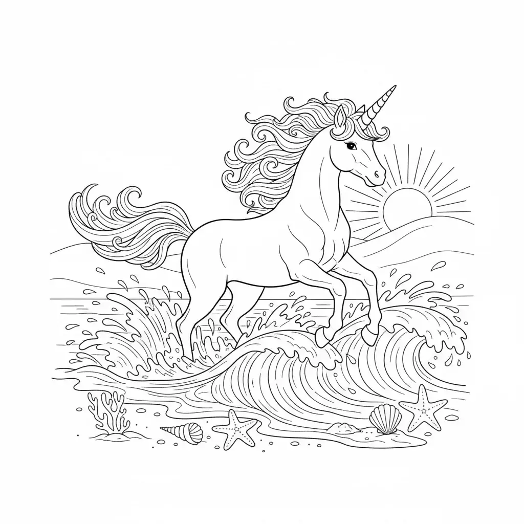 Unicorn Galloping Through Ocean Waves