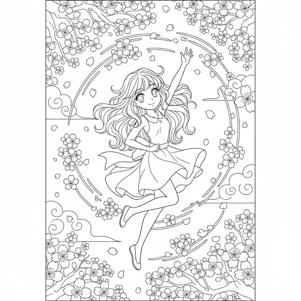 Example AI-generated anime coloring page with an expressive character surrounded by cherry blossoms