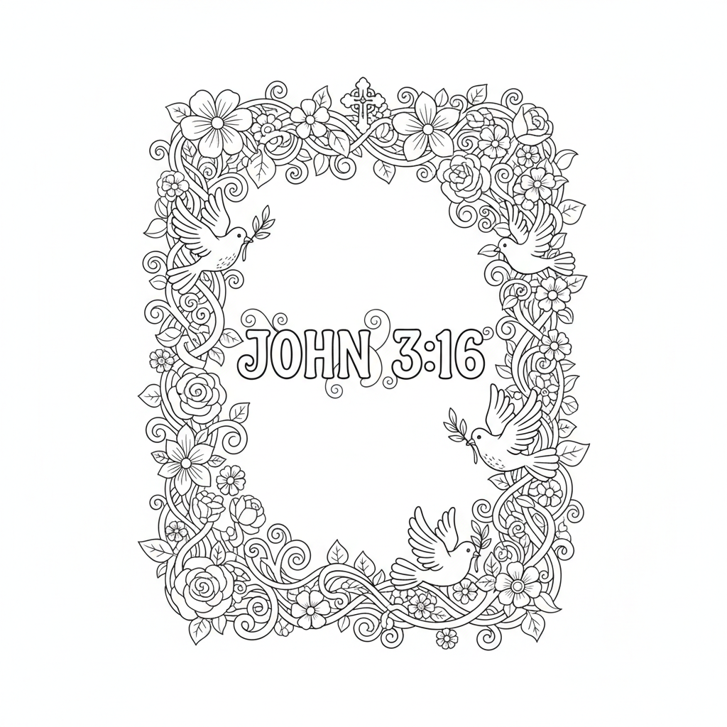 Example AI-generated bible verse coloring page with hand-lettered scripture and decorative vine border