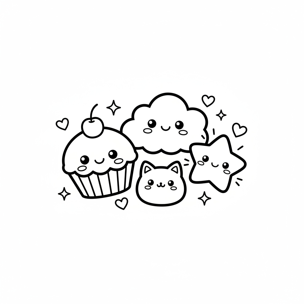 Example AI-generated kawaii coloring page with cute smiling cupcake, cloud, cat, and star characters