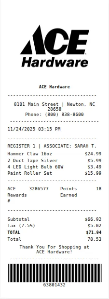 ACE Hardware Receipt