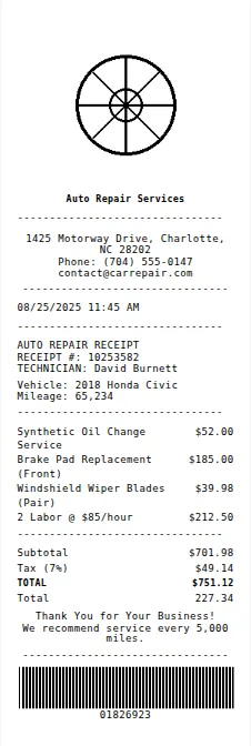Auto Repair Receipt