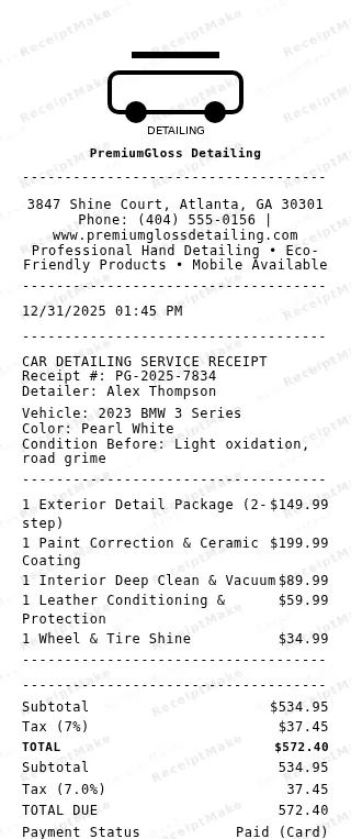 Car Detailing Receipt Receipt