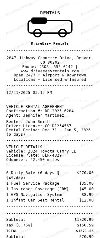 Car Rental Receipt Receipt
