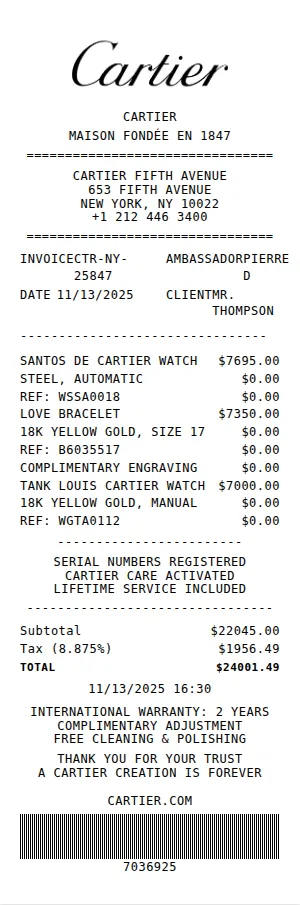 Cartier Receipt Receipt