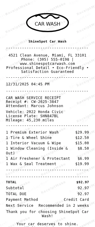 Car Wash Receipt Receipt