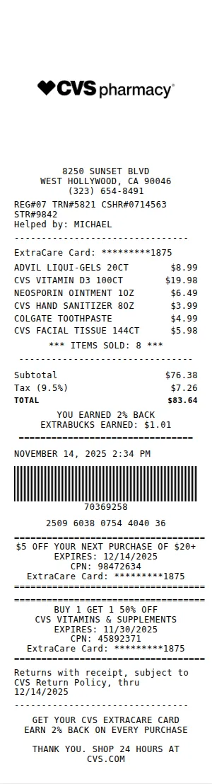 CVS Pharmacy Receipt Receipt