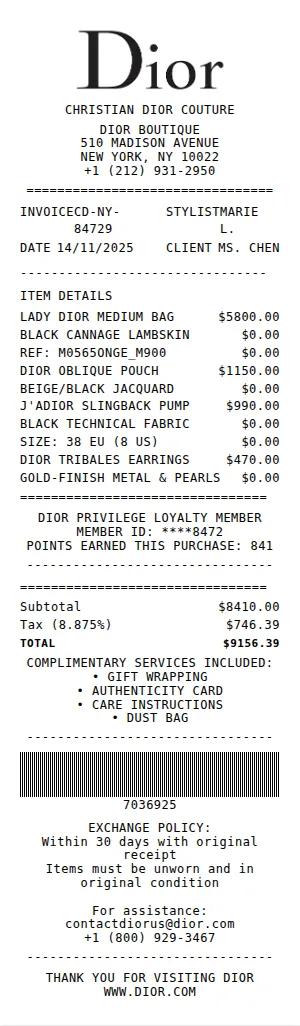 Dior Receipt Receipt