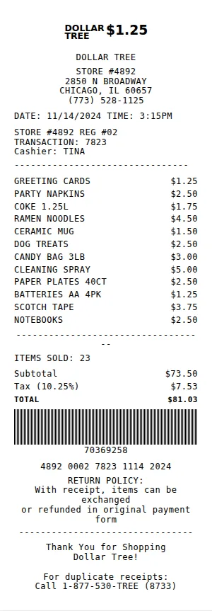 Dollar Tree Receipt Receipt