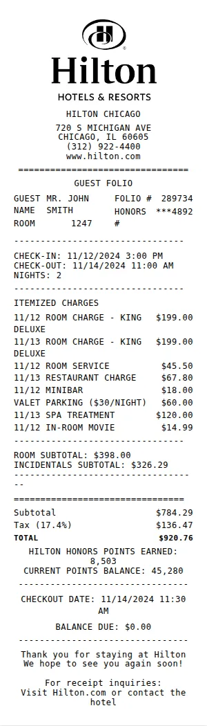 Hilton Hotel Receipt Receipt