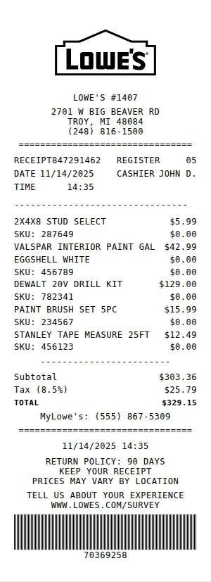 Lowe's Receipt Receipt