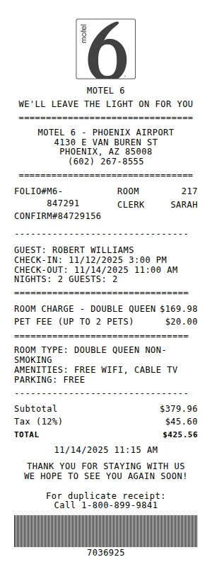 Motel 6 Receipt Receipt