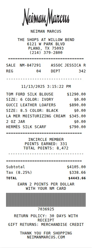 Neiman Marcus Receipt Receipt