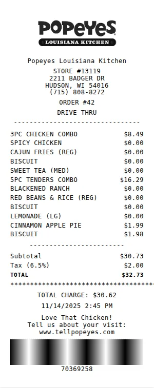 Popeyes Receipt Receipt