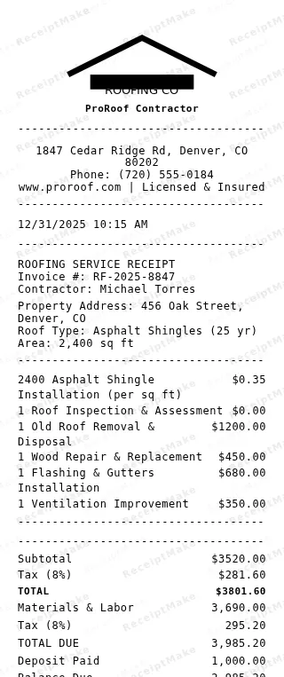 Roofing Service Receipt Receipt