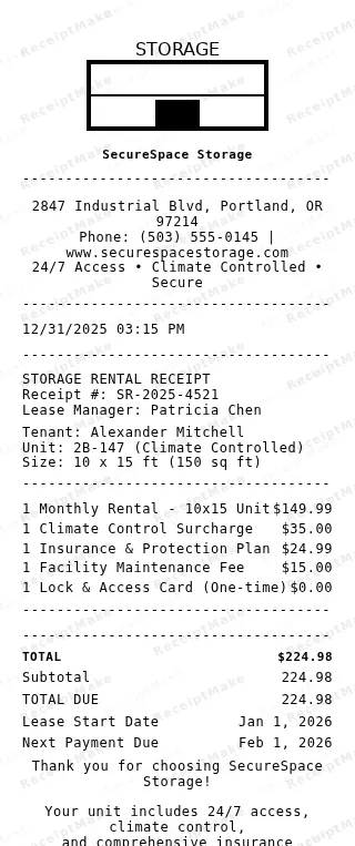 Storage Facility Receipt Receipt