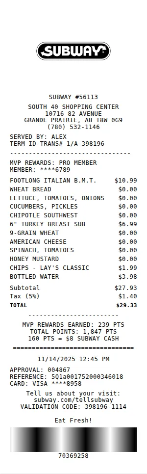 Subway Receipt