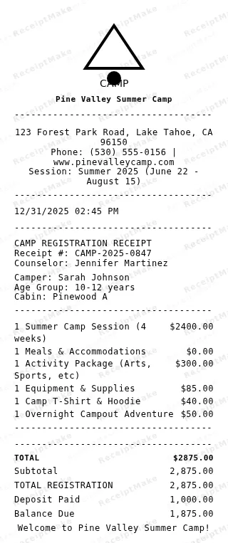 Summer Camp Receipt Receipt