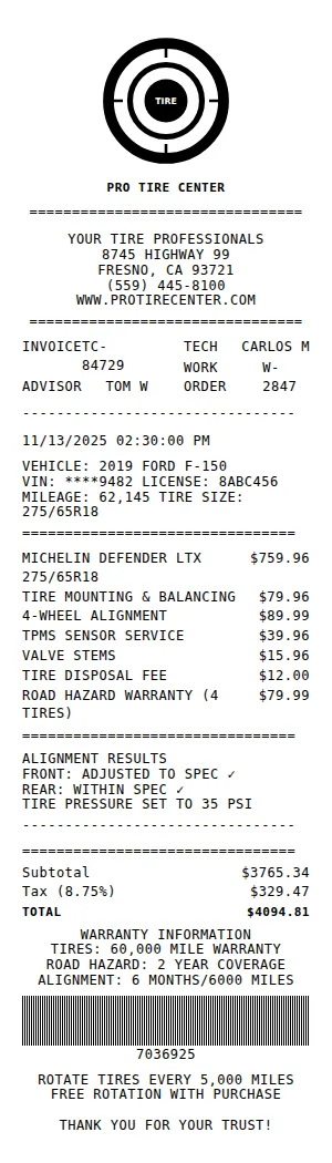 Tire Shop Receipt Receipt