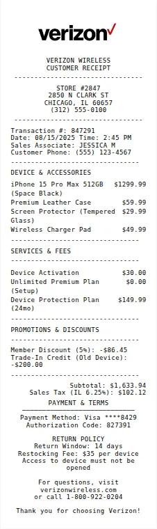 Verizon Receipt Receipt