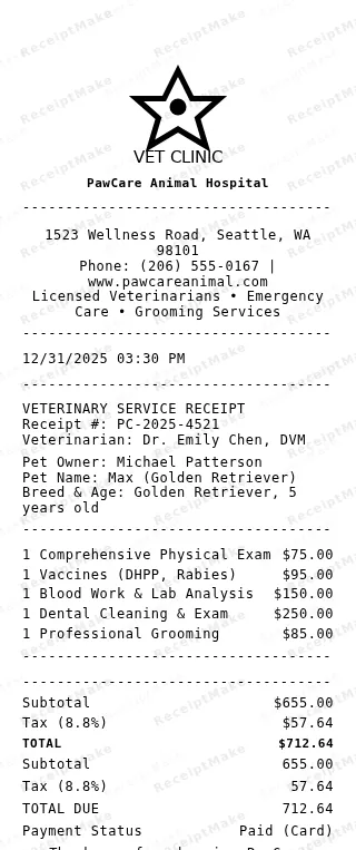 Vet Receipt Receipt
