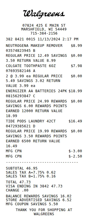 Walgreens Receipt Receipt